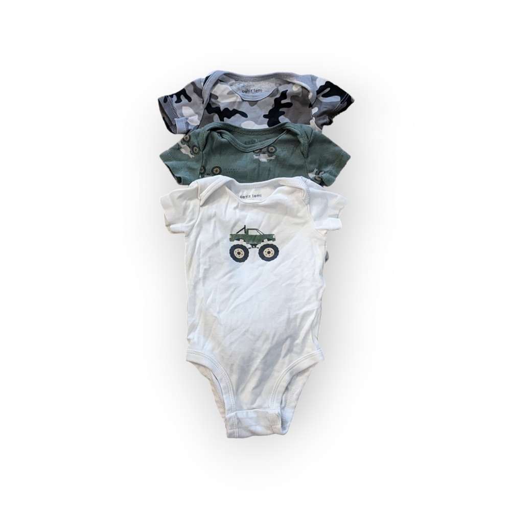 Set of 3 Petit Lem Monster Truck Bodysuits - Size 3 Months